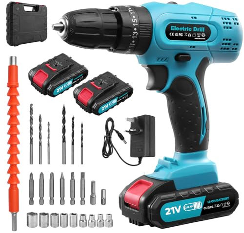 wowspeed Cordless Drill 21V, Battery Power Drill Drivers, 29PCS Electric Screwdriver Set, 2000mAh Combi Drills, 50Nm, 25+3Torque, LED Light, 2 Speed, 3/8” inch Chuck