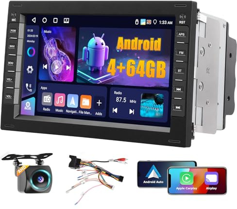 Fuluku 7 Autoradio 4+64G para VW Golf 4 Polo Sharan Jetta MK4 T5 Multivan | Android Radio Wireless Carplay & Android Auto Doble DIN Pantalla táctil Radio Coche Bluetooth 5.0/GPS/Camera/FM/WiFi/SWC