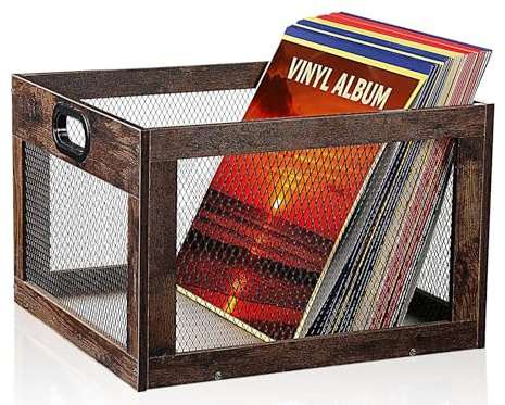 Chunful Vinyl Record Storage Crate with 100 Double-sided Opp Sleeves Wooden Record Holder Box Kit Classic Cube for Albums Easy to Assemble, Holds 12 Albums, 15.2 x 13.6 x 10 in