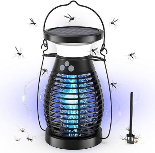 Solar Lampara Antimosquitos, 3 IN 1 UV Mata Mosquitos Electrico, 4200V USB Recargable Lampara Mosquitos IP66 Impermeable Trampa Moscas para Oficina Dormitorio Cocina Jardín Camping (Negro)