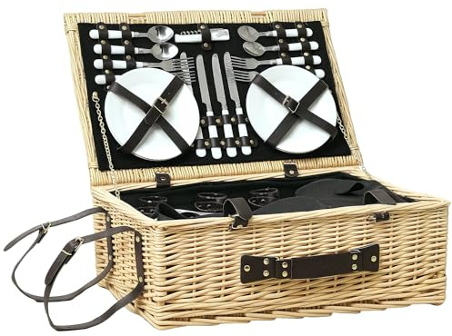 Outsunny Cestino da Picnic in Vimini per 4 Persone, Cesto Picnic con Area Frigo e Accessori Piatti, Bicchieri da Vino, Cucchiai e Forchette, Borsa per Vino, 54x34x20 cm, Color Legno