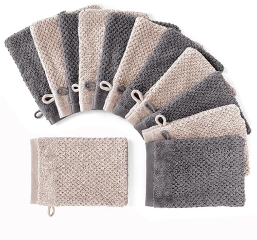 Pure Label Waschhandschuhe 12-TLG 12x16x21, Anthrazit | Stein | weich, saugstark, 100% Baumwolle & OEKO-TEX, mit Schlaufe
