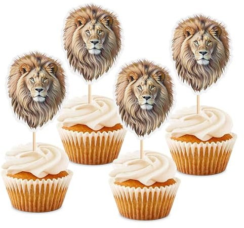 Blumomon 24 Pcs Lion Happy Birthday Cupcake Toppers Forest Animal Cupcake Decoration Picks - Jungle Safari Cake Decorations for Lion Theme Baby Shower Kids Boys Girls Birthday Party Supplies