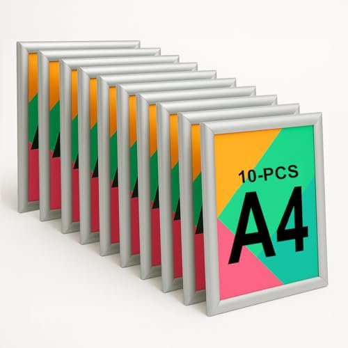 Aluanz Porte Affiche A4 Argent - Lot de 10 - Cadre clic-clac interchangeable, Affiche murale avec film antireflet, Cadre aluminium, Utilisation horizontale ou verticale - 33 x 24 x 1,2 cm