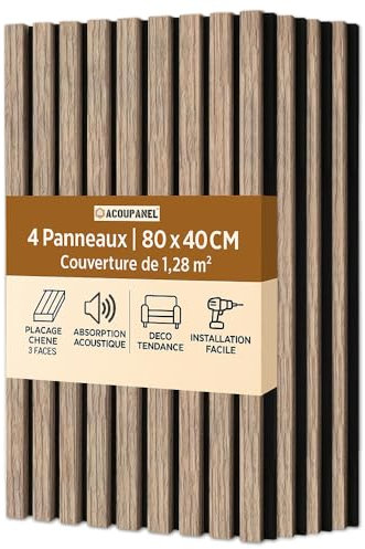 ACOUPANEL | Panneau Acoustique en Tasseaux Bois | Lot de 4 Panneaux Muraux 1,28 m² | Isolation Phonique | Placage Chêne 3 Faces | Installation Facile Mur ou Plafond (Chêne Brun)