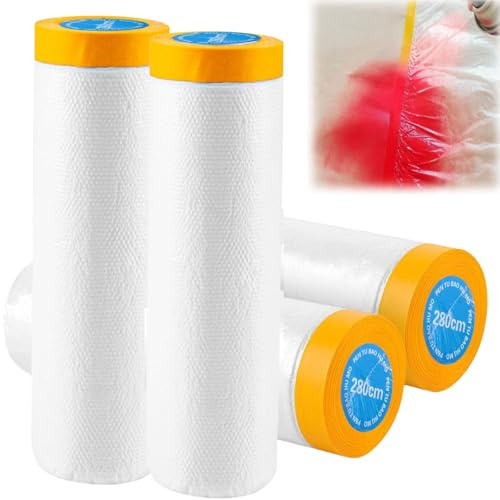 Cinta Carrocero Pintura con Plastico,4pcs Conjunto de Plastico Cubretodo,Plasticos para Cubrir Muebles con Cinta,Película Protectora Adhesiva de Pintor,Cinta Enmascarar con Plastico