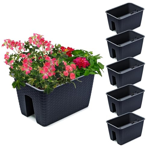 Set di 5 casse da balcone da 13 l, per ringhiere da balcone, 27,2 x 39,6 cm, altezza 22,5 cm, colore antracite, imitazione rattan, quadrato, in plastica, moderna, decorazione regalo