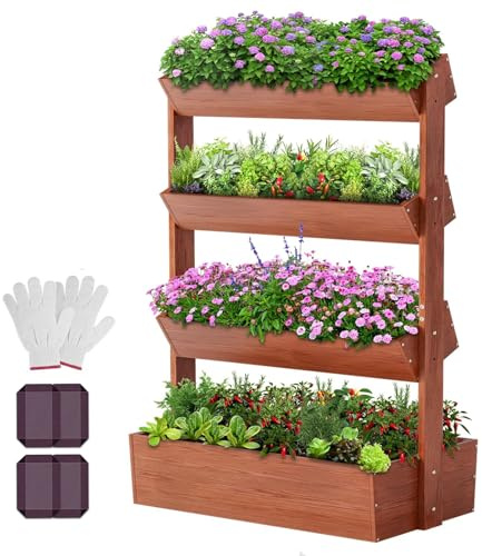 ZIKEBTUY Vertikales Holz Hochbeet mit 4 Etagen Premium Blumenkasten, Frei stehender Blumentreppe Pflanztreppe Gemüsebeet Kräuterbeet Blumenbeet Pflanzkasten für Kräuter, Gemüse, Blumen