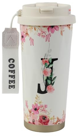 MHwan Kaffeebecher To Go, Doppelschichtiger Vakuum-Kaffee Thermobecher (530 ml), Personalisiertes Geschenk für Frauen mit Den Initialen A-Z, Kann Direkt Oder mit Einem Strohhalm Getrunken Werden