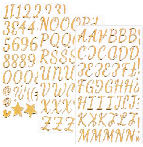 Barlone 150 Stück Buchstaben Aufkleber, 3 Blätter Gold 3D Buchstaben Sticker, Klebebuchstaben Wetterfest, für Postfach, Schilder, Adressnummer, DIY Scrapbooking, Dekorationskunst