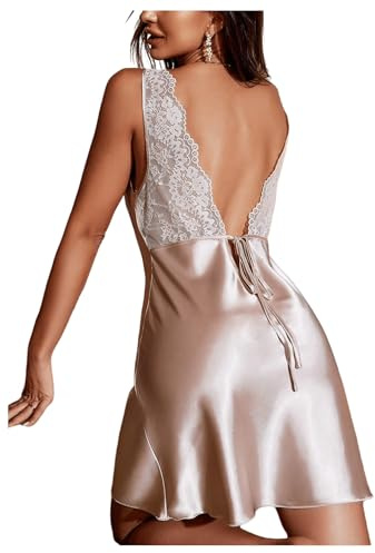 WDIRARA Women's Satin Lace Slip Dress Lingerie Backless Chemise Nightgowns Draped Neck Nightdress Champagne Small