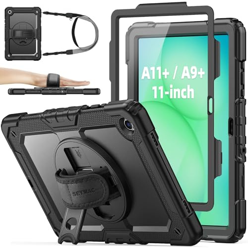 SEYMAC stock Case for Samsung Galaxy Tab A11+ Plus / A9+ 11'', Black | Full Body Shockproof, with Screen Protector, 360° Rotating & Adjustable Stand/Hand Strap, Pen Holder, Shoulder Strap