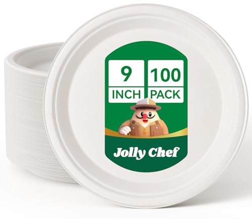 JOLLY CHEF 100 Pack 9 Inch Strong Disposable Bagasse Plates White | Compostable Biodegradable Bagasse Plates, Heavy-Duty Sugarcane Plates for Party & Dinner