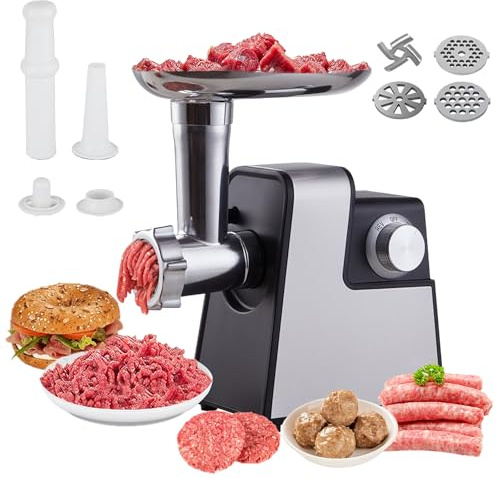 Picadora de Carne Eléctrica 4 en 1, con 3 Tamaños de Corte, Sistema de 4 Cuchillas, Accesorios para Salsichas y Albóndigas, Muele Cerdo, Res, Pescado y Verduras como Setas, Ideal para Uso Doméstico