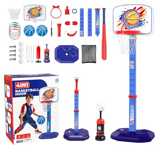 Set de aro de Baloncesto, aro de Baloncesto para niños pequeños, 4 en 1 T Ball Set y Swild Ring Game, Bola de béisbol Toy Cubierto al Aire Libre para 1-8 años, niños, Hijo