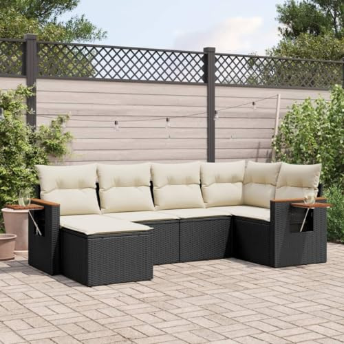 JHQHSM Set di 6 divani da giardino con cuscino nero polyrattan, design modulare con tavoli pieghevoli e rivestimenti rimovibili per terrazza e balconi. Questo titolo soddisfa tutti