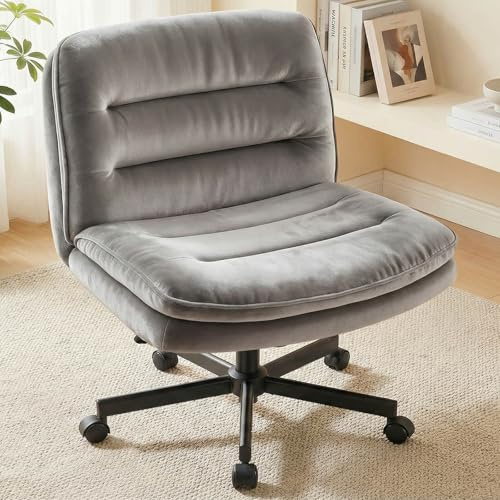 COMHOMA Criss Cross Office Chair with Wheels Armless Desk Chair Comfy, Modern Vanity Chair for Home Bedroom, Comfortable Wide Seat for Lower Back Pain Relief, Soft Velvet, Gray