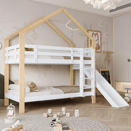 HUQIQWE litera 90x200 con tobogán y barandilla perimetral; diseño Cama casita con Techo, Escalera en ángulo de 3 peldaños, Estructura Pino+MDF, Cama Alta para Dormitorio