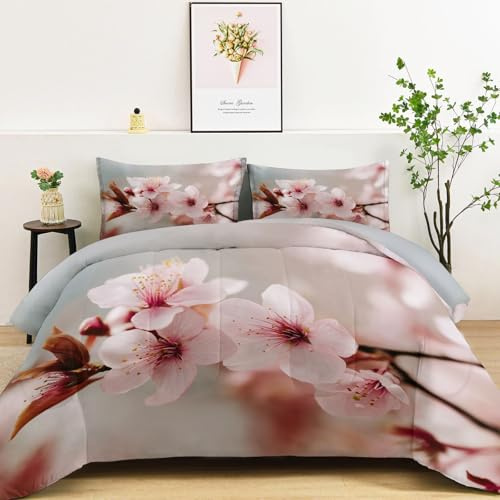Bettdecke 135x200 cm Natürliche Kirschblüten, Ganzjahresdecke für Normal Temperierte Schlafzimmer, Lleichte Dünne 3-Teilig Steppdecke mit 2 Kissenbezüge 80×80 cm, Rosa Blütenblätter