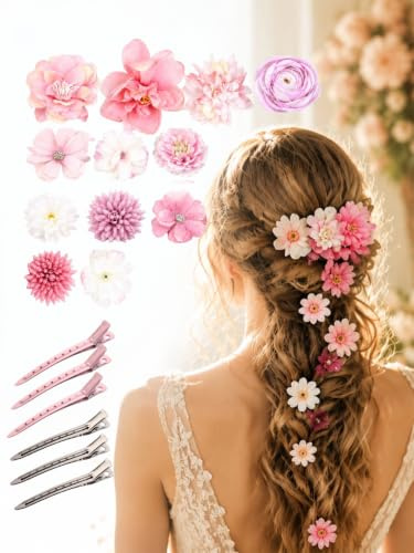 JIRVEX 18 Pezzi Set Mollette Capelli con Fiori Artificiali Rosa, 12 Teste di Fiore in Tessuto + 3 Clip Argento + 3 Clip Rosa, Fermagli Capelli Eleganti Peonia Crisantemo Cosmea, Accessori Donna Ragazz