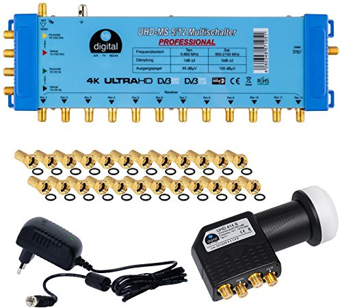 HB-DIGITAL Set: Quattro LNB Schwarz (Test: SEHR GUT) + Multischalter pmse 5/12 mit 1x Satellit und bis zu 12x Teilnehmer/Receiver für Full HDTV 3D 4K UHD mit Netzteil + 25 Vergoldete F-Stecker