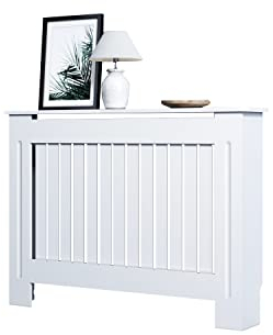 SONNI Grand cache-radiateur moderne à lamelles verticales laquées blanches pour salon, chambre à coucher, cuisine