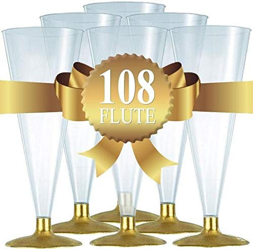 108 Bicchieri Flute In Plastica Trasparente Monouso Per Feste Con Base Colore Oro 170 Cc