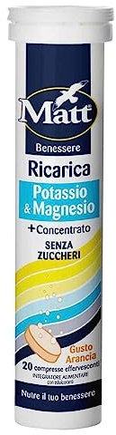 Matt, Ricarica Potassio & Magnesio, Integratore Alimentare di Potassio e Magnesio, Contribuisce alla Riduzione della Stanchezza e Affaticamento, Confezione da 20 Compresse Gusto Arancia, 90 g