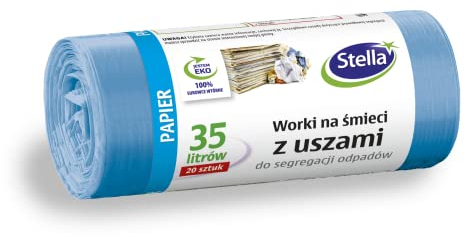 Stella 032211 Lot de 20 sacs poubelle avec poignées pour trier les déchets de papier usagé | 35 l | Sacs poubelle pour les déchets ménagers et le bureau en film granulé LDPE épais, couleur : bleu