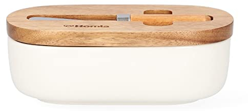 HOMLA Mooka Burriera in Porcellana con Coperchio in Legno e Coltello da Burro - Portaburro per il Frigo - Contenitore per Burro con Coperchio - Grande Vasoio per Burro - 16x9 cm