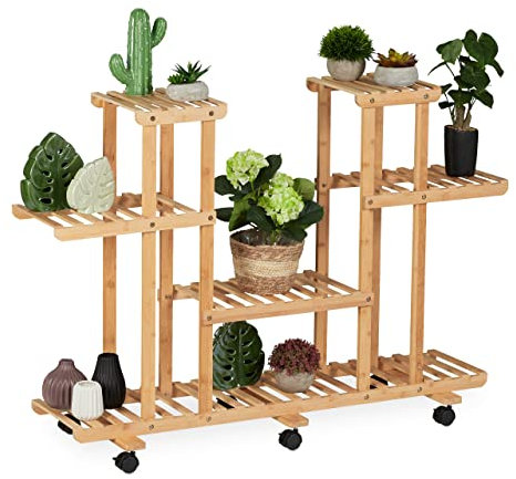 Relaxdays, Natur Pflanzenregal, Blumenständer mit 6 Ablagen, Bambus, HxBxT: 83 x 119 x 36 cm, rollbar, Blumenregal innen