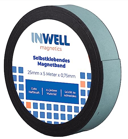 Inwell - Selbstklebendes Magnetband 25 mm auf Rol | 5 meter | Starker Magnetkraft | Magnetstreifen | Magnetklebeband