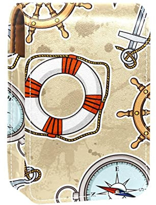 Nautical Anchor Rudder Compass Lifebuoy Portable Lipstick Case for Traveling,Mini Lipstick Storage Box with Mirror for Women Ladies, Leather Cosmetic Pouch