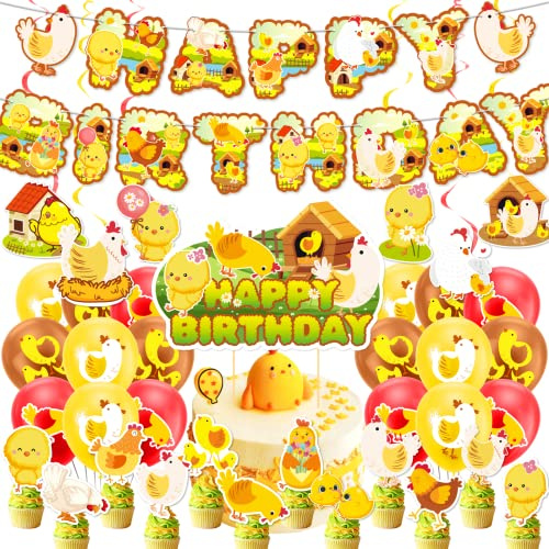 Hühner Party Dekorationen - Farm Geburtstagsparty Zubehör Mit Banner, Kuchen Topper, Cupcake Toppers, Ballons für Geburtstag und Baby Dusche