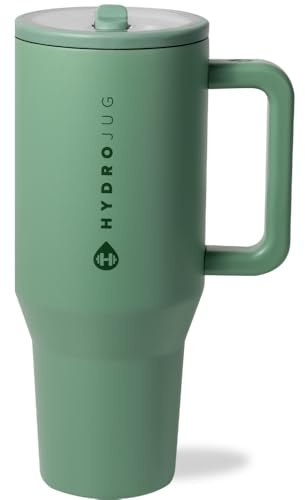 HydroJug Traveler - 40 oz Water Bottle with Handle & Flip Straw - Fits in Cup Holder, Leak Resistant Tumbler-Reusable Insulated Stainless Steel & Rubber Base - Gifts for Women & Men, Sage