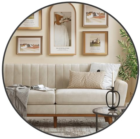 SONGMICS Runder Spiegel, Wandspiegel, Metallrahmen, 75.5 cm | Modern, einfache Montage, für Bad, Wohnzimmer, Schlafzimmer, Flur, mattschwarz, BERIT Kollektion LWM103B01