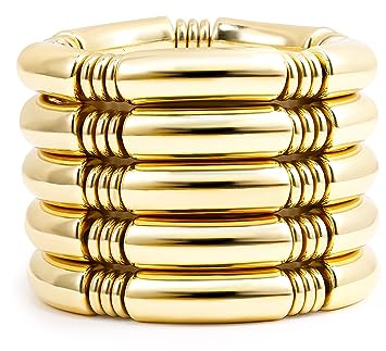 Badu 5pcs Gold Chunky Bangles Bracelets For Women 14k Gold Plated Stack Layered Curved Bamboo Tube Stretch Bracelets Gift Jewelry