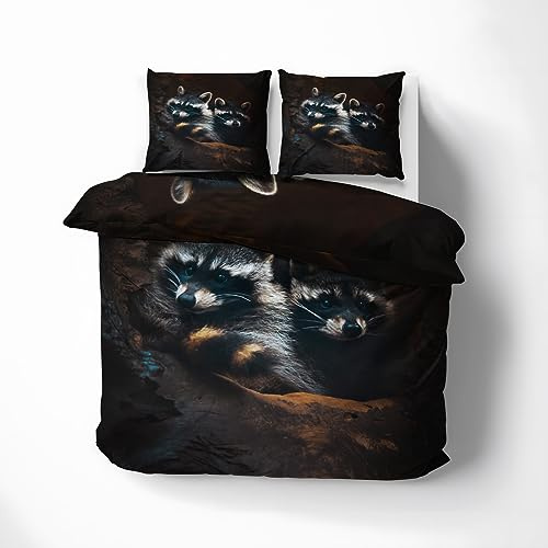 MOBEITI Waschbär Bettwäsche 200x200, 3D Tiere Waschbär Motiv Wendebettwäsche, Weiche Kuschelige Mikrofaser Bettbezug Set 3teilig, 2 Kissenbezug 80x80, mit Reißverschluss