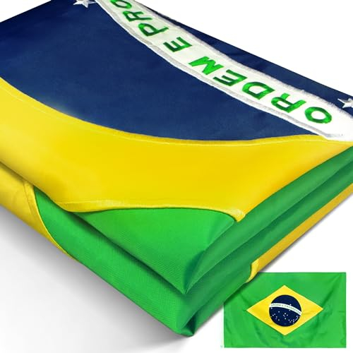 Bandera de Brasil bordada de la serie Anley EverStrong de 3x5 pies-Cabecera de lona bordada y resistente-4 filas de costuras de bloqueo-Banderas nacionales brasileñas de nailon con ojales de latón