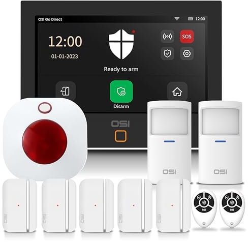 OSI Alarm System for Home Security (Gen 2)11 piece. DIY, Touch Screen, Motion Detection, Contact sensors, Wireless Siren, Remotes, Phone App, Compatible with Alexa, Continuous Updates,NO Monthly Fees