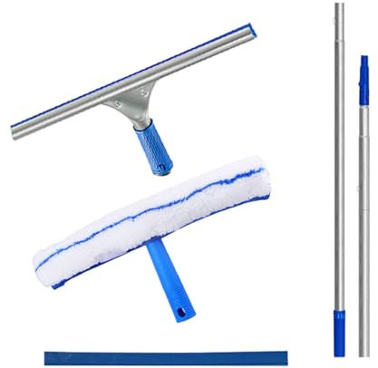 Rasqueta Limpiacristales Profesional, Limpiacristales Multiusos con Poste de Extensión 5.5m, Escobilla de Goma 35cm para baño Cocina Espejo Ventana Cristales de Coche Azulejos