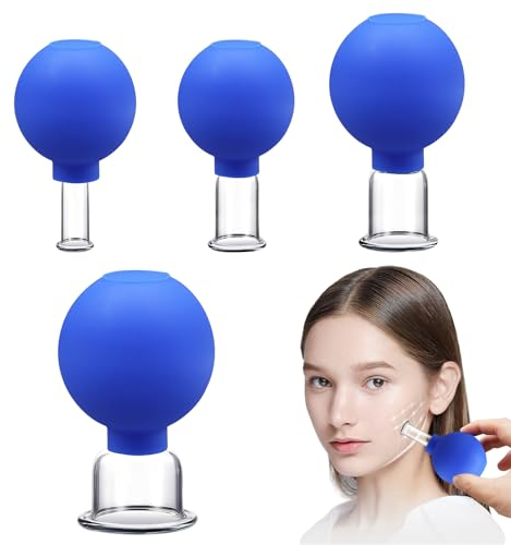 Scettar Facial Cupping Set, 4 Stück Schröpfgläser mit Blau Silikon Saugball, Gesicht Vakuum Massage Schröpfen Entgiftung, Anregung Lymphfluss, Straffe Haut, Anti Cellulite, Faltenminderung