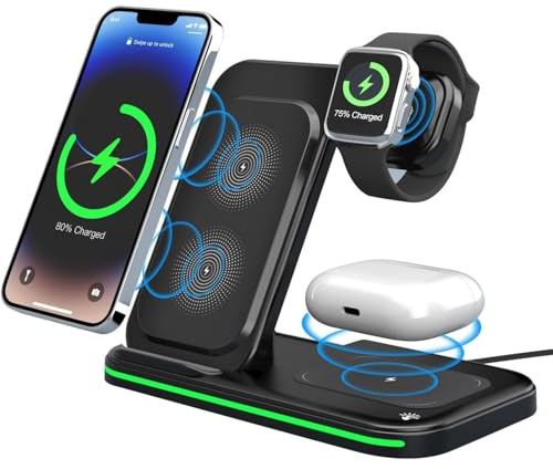 3 in 1 Wireless Charging Station, Wireless Charger Docking Station for iPhone 16/15/14/13/12/11/XR/XS/X/8 and Apple Watch 10/9/8/7/6/5/4/3/2/Ultra/SE, Charging stand for AirPods 1/2/3/4/ Pro/Pro 2