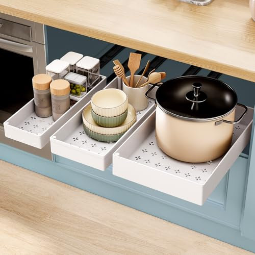 SOLEDI Teleskopschublade zum kleben, Ausziehbare schublade küche 3er-Set, Küchenschrank organizer ausziehbar, Kein Bohren und Nageln Erforderlich (Weiß)