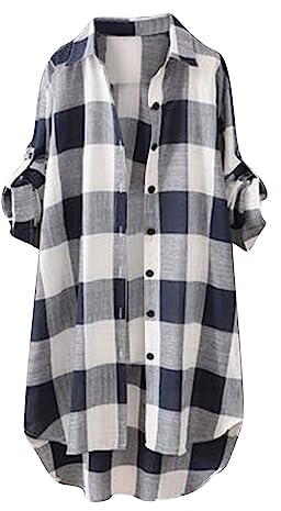 Womens Long Shirts Loose Cotton Linen Plaid Blouses Plus Size Lapel Neck Long Sleeve Checkered Tops Summer Button Down Longline Blouses Oversized Shirt for Ladies UK Low-High Hem