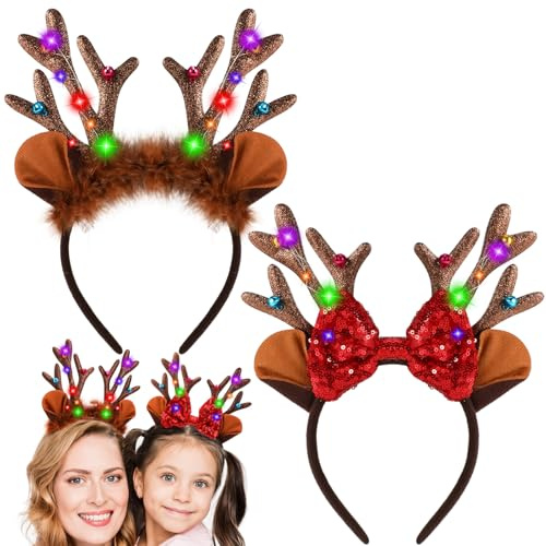 Hifot 2 Stück Rentier Haarreif LED,Geweih Haarreifen Weihnachten Reh Haarreif Weihnachts Accessoires Led Haarschmuck für Weihnachten Kostüme Zubehör Cosplay Karneval Party
