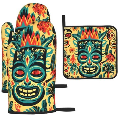 YYHWHJDE Lot de 3 maniques et maniques de cuisine pour isolation thermique anti-brûlure Motif vintage Aloha Tiki