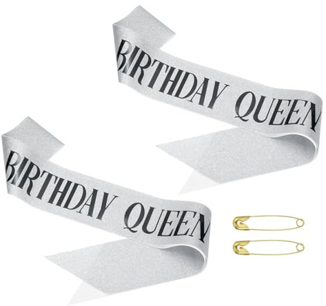 PATIKIL Banda de Cumpleaños para Chicas, 2pcs Banda para Mujeres Sash de Reina de Satén Decoraciones de Fiesta con Alfiler de Seguridad para Regalos y Favores de Fiesta, Plata