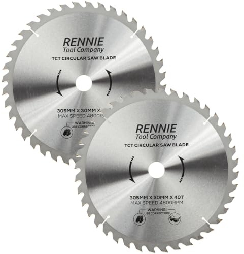 Rennie Tool 305mm x 30mm Bore x 40T TCT Circular Saw Blades (2 Pack) | Fits Bosch Makita Dewalt Circular Saw Etc. Includes 25mm 20mm & 16mm Bore Reduction Rings. 305mm Wood Saw Blades