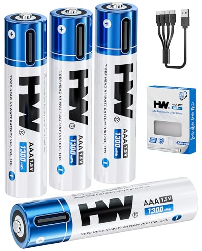 HW USB Rechargeable AAA Batteries, [1.5V, 4-Pack] 1300mWh Lithium Battery with Type C Cable, 1000+ Cycles Triple A Batteries for Remote Controls, Wireless Mouse, LED Flashlights, Electronic Toys, etc.
